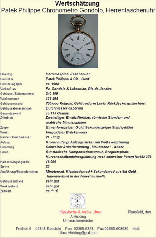 Beispiel einer Wertschätzung mit Uhrenpass.