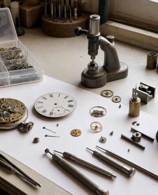 Uhrmacher-Werktisch mit antiker Uhr, Triebnietmaschine und sortierten Kleinteilen